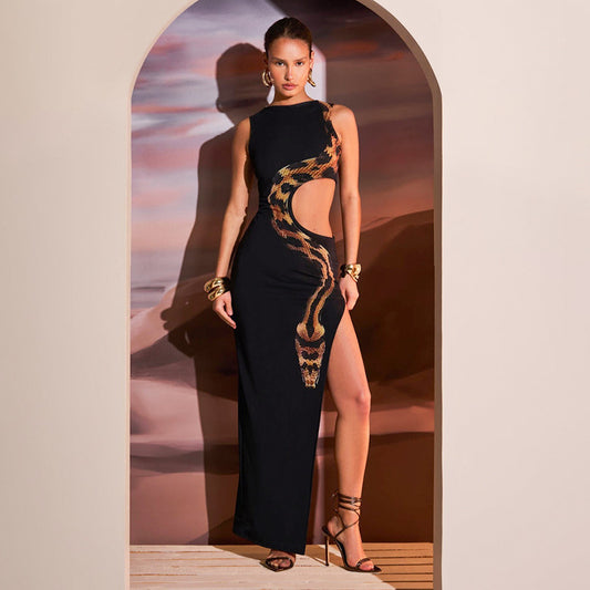 Side Waist Hollow Out Cutout Python Print Slim Fit Slit Maxi Dress