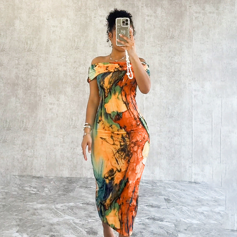 Abstract Printing Texture Slim off Shoulder Dress