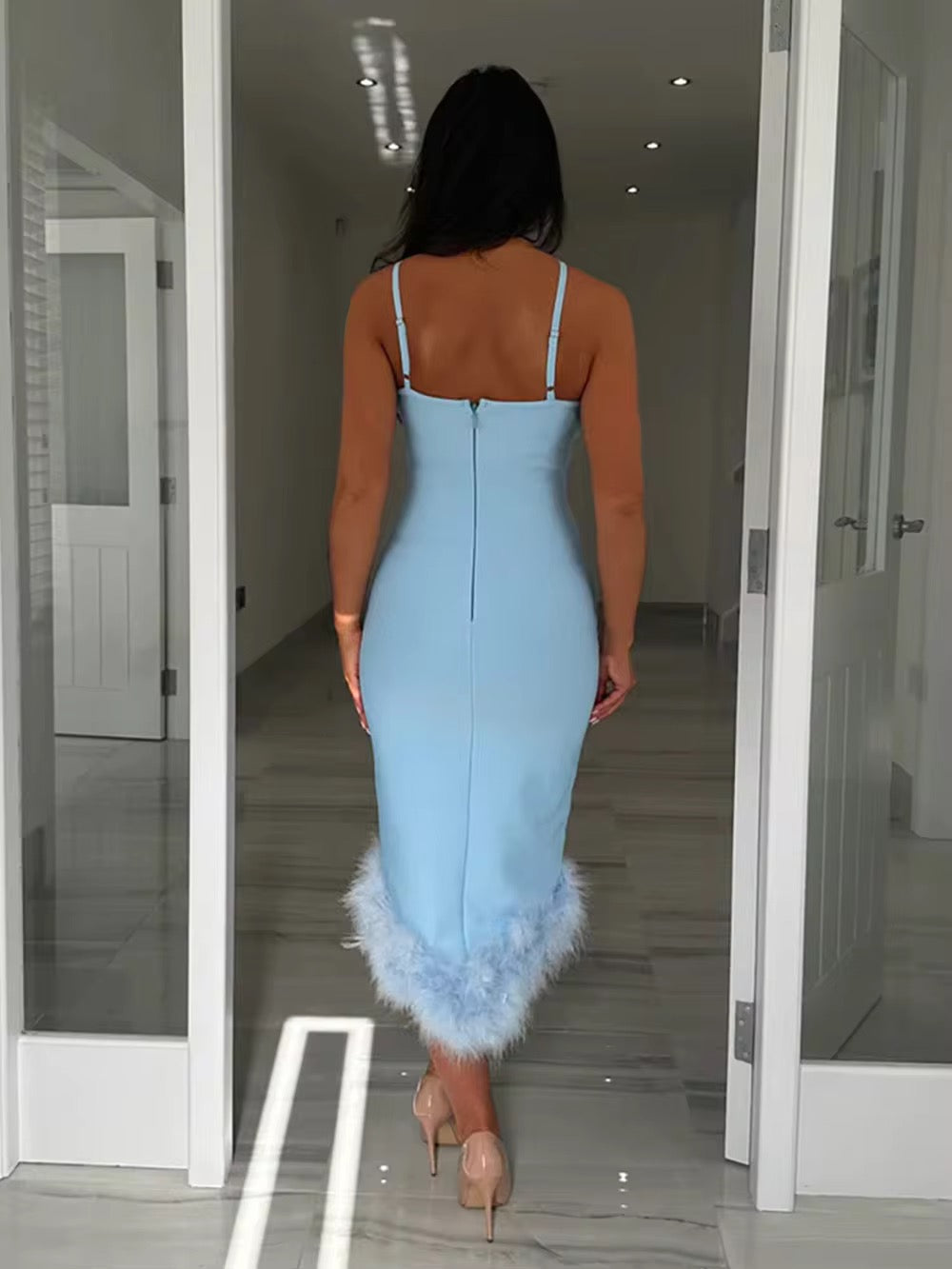 Sky Blue Feather One Shoulder Tight Asymmetric Midi Bandage Dress