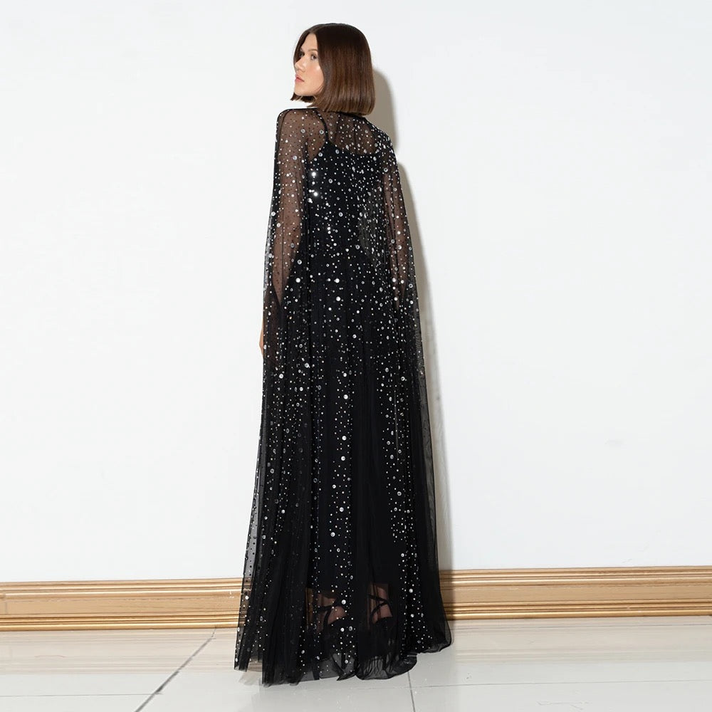 Black Sequin Decorative Mesh Cloak 2-piece Set