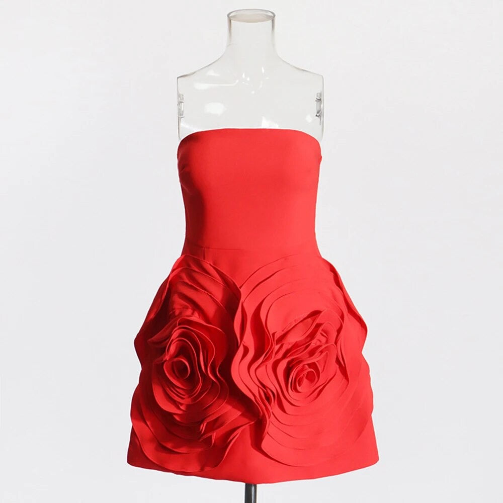 Red 3D Flower embellishment Sexy Strapless Tight Mini Dress