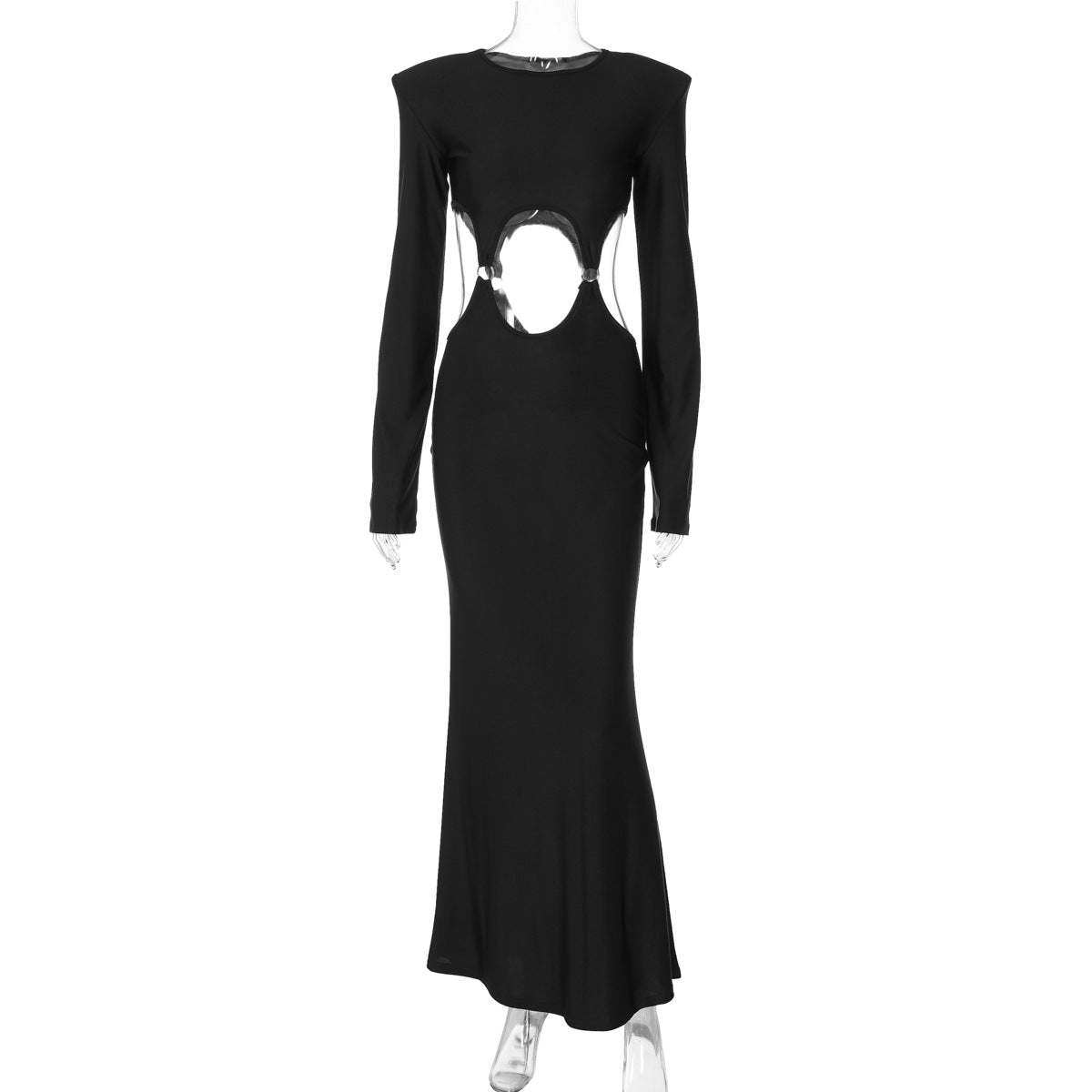 Long Sleeve Solid Color round Neck Dress Sexy Cutout Slim Fit Dress