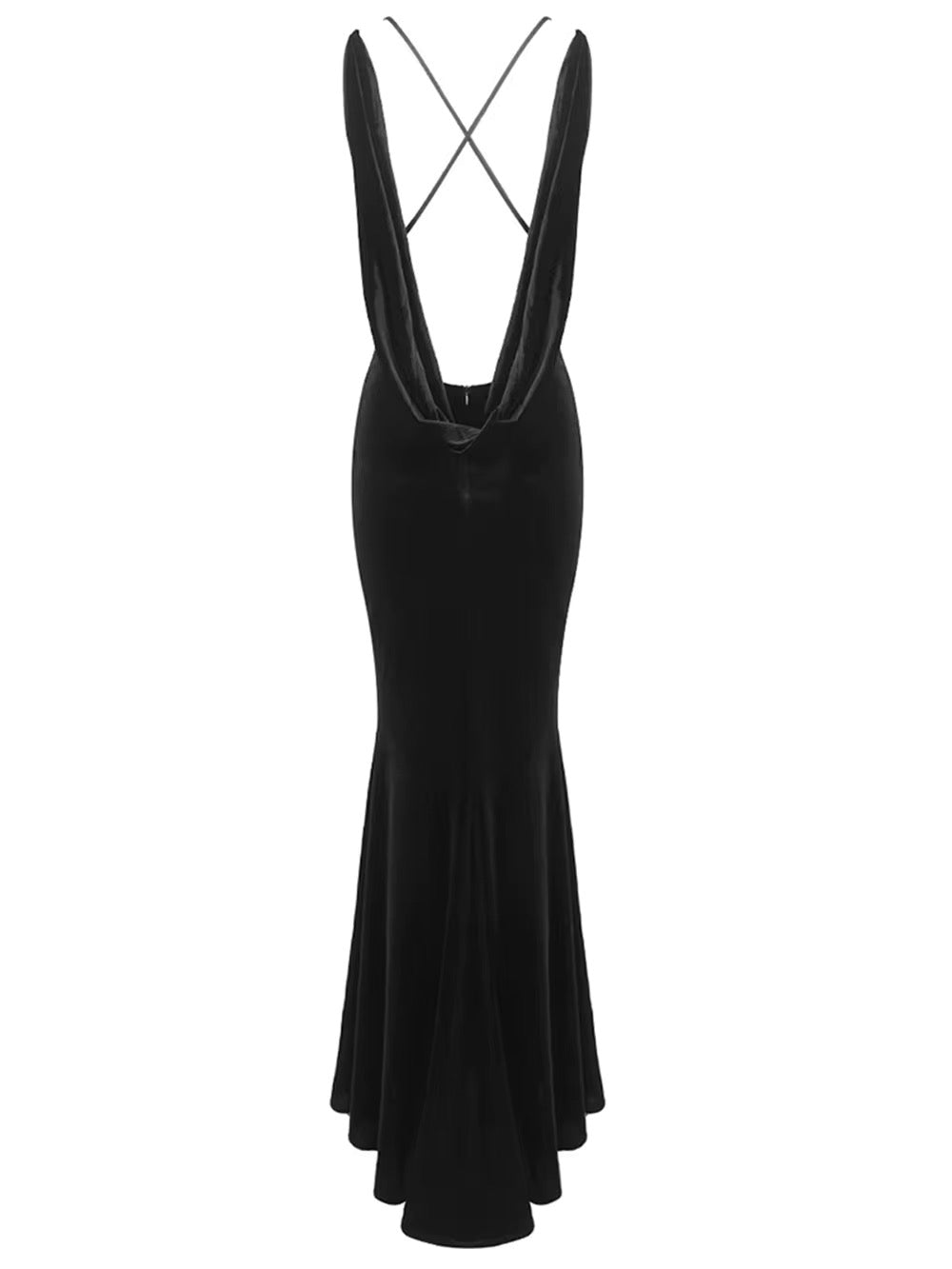 Neck 3D Flowers Backless Design Black Velvet Maxi Long dress