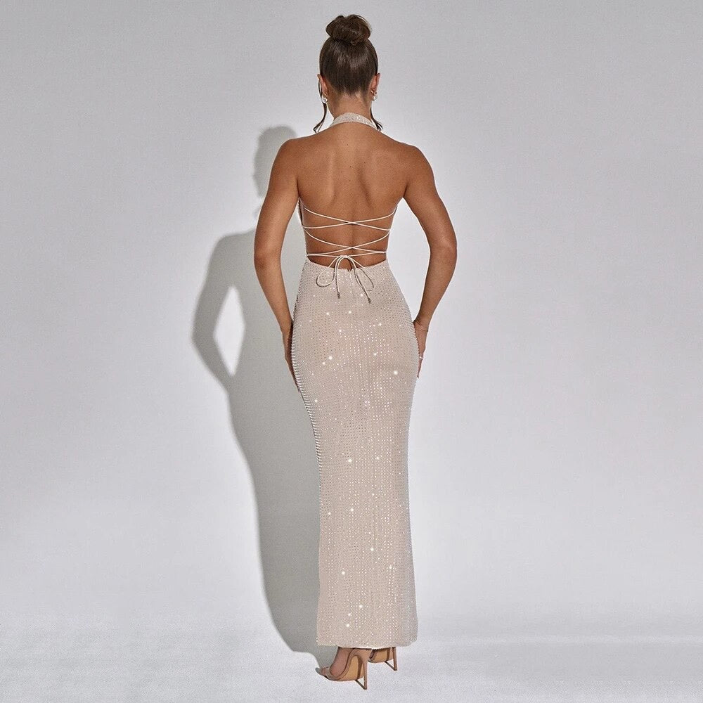 V-neck Sleeveless Backless Diamond Tight Maxi Dress