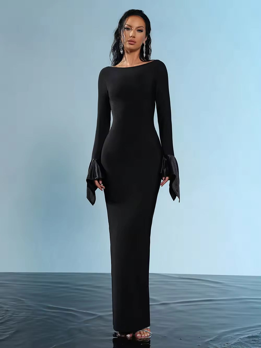 Patchwork Long Sleeves Round Neck Balck Bandage Maxi dress