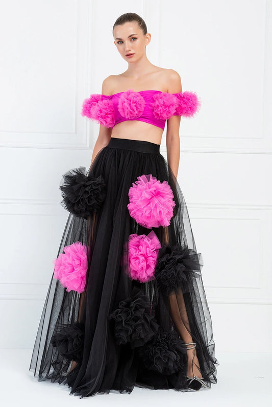 Black Tassel Mesh 3D Flower Sexy Hundred Fold Long Skirt