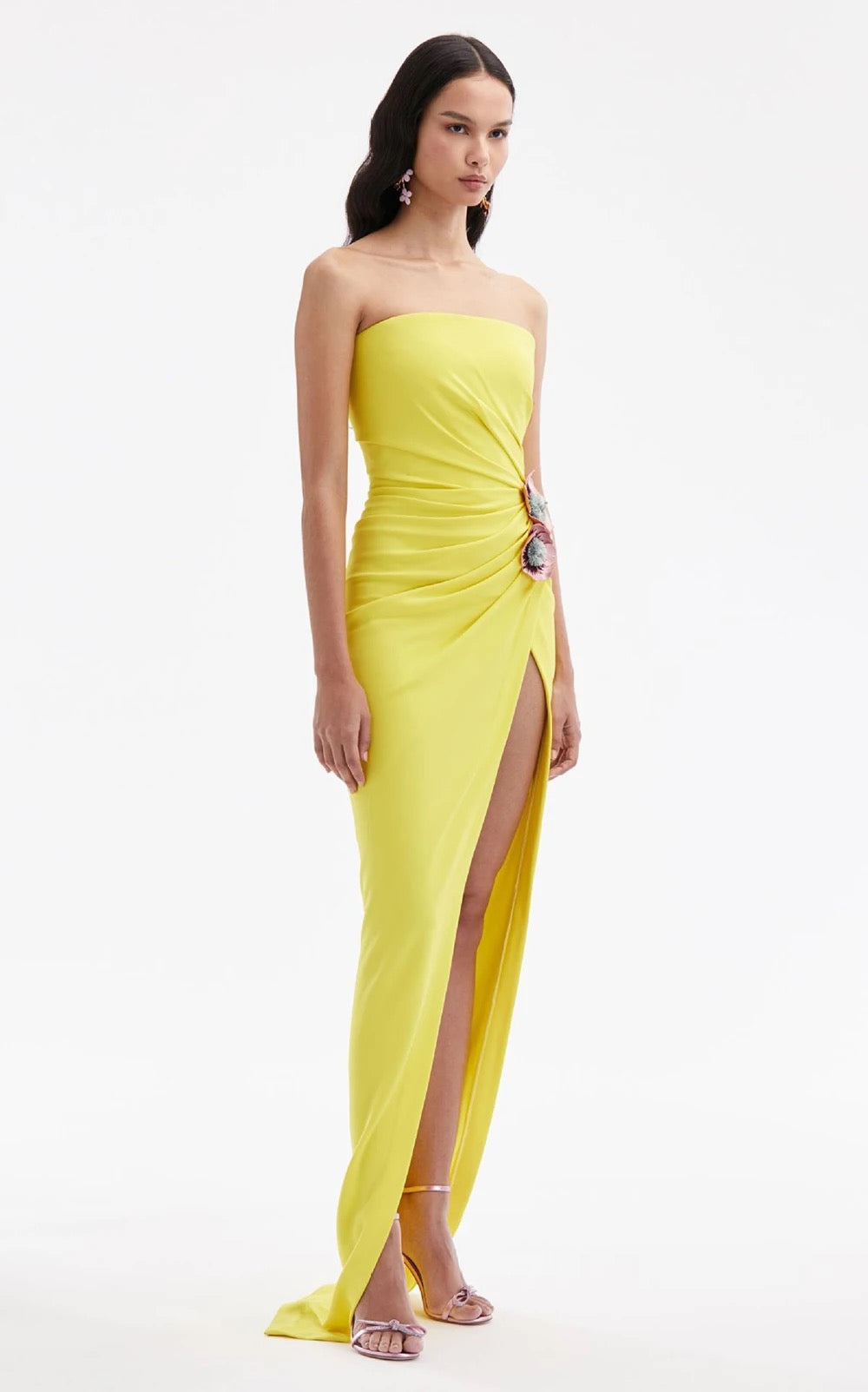 Yellow Sexy Strapless Draped Flower Details High Split Maxi Dress