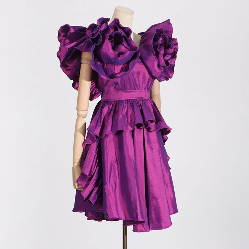 Purple Ruffle Edge V-neck Sexy Ruffle Edge Satin Mini Dress