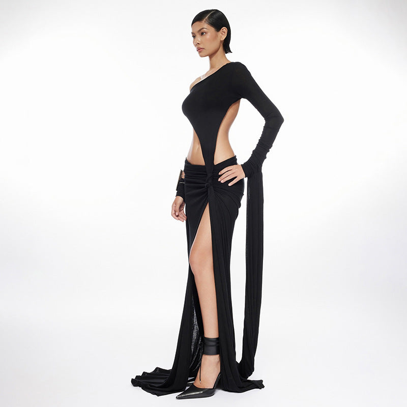 Sexy Large Hollow Out Cutout out Single Side Long Sleeve Asymmetric Length Dress