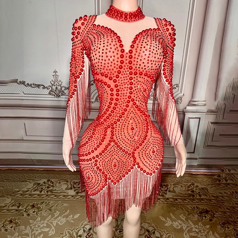 Rhinestone Fringe Mesh Dress