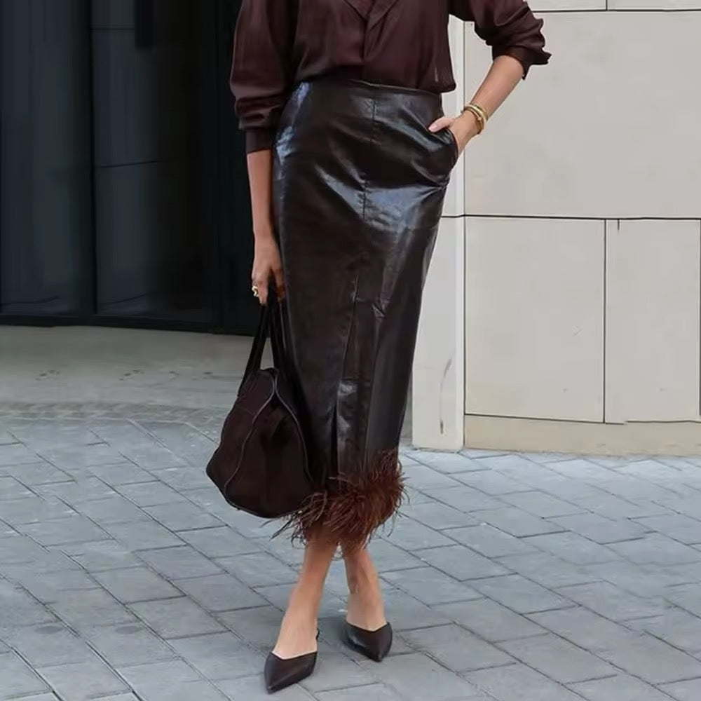 Pu Leather High Waist Splicing Feather Bodycon Midi Skirt