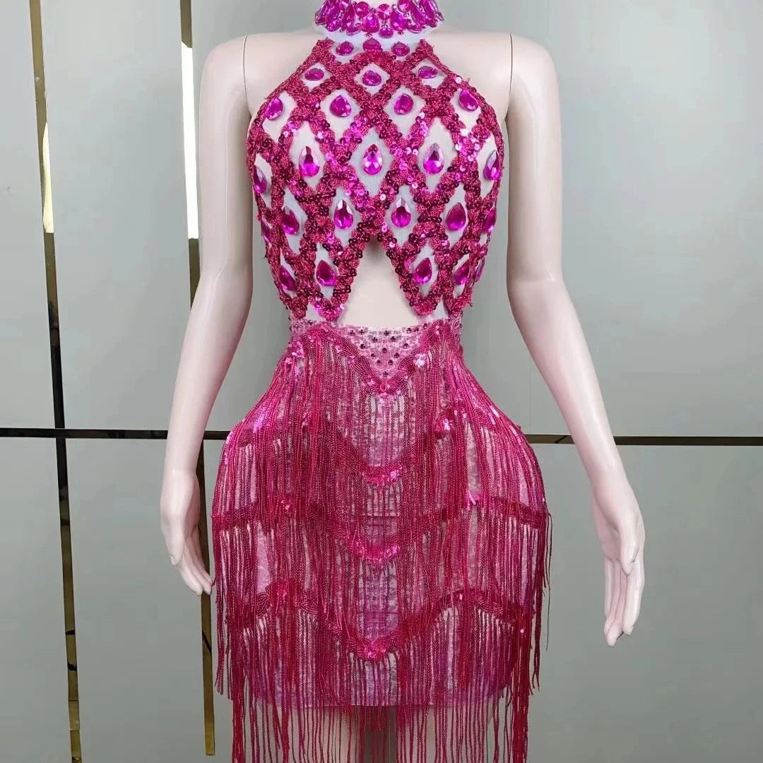 Halterneck Rhinestone Fringe Dress