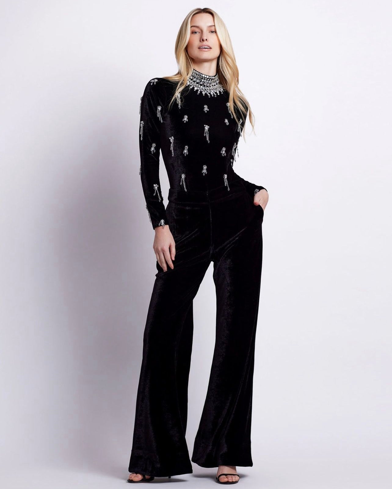 Turtleneck Beading Diamonds Bandage Jumpsuits Wide Leg Pants