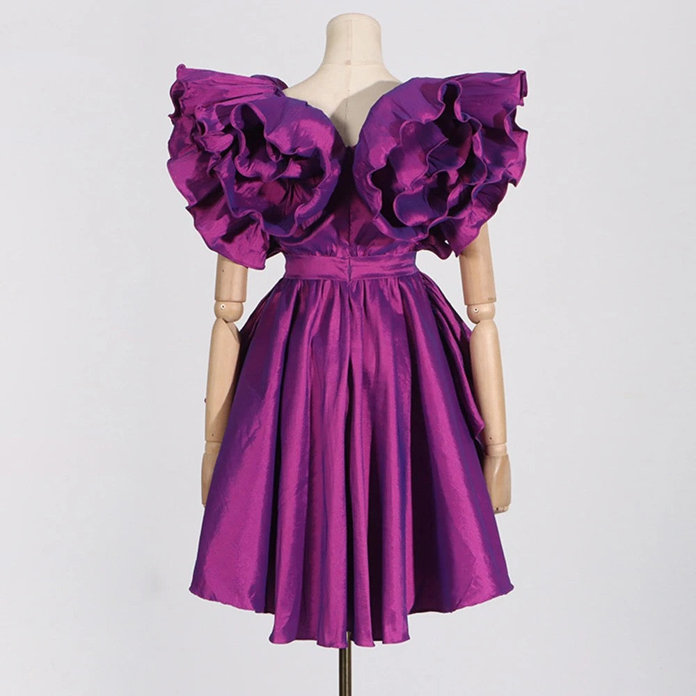 Purple Ruffle Edge V-neck Sexy Ruffle Edge Satin Mini Dress