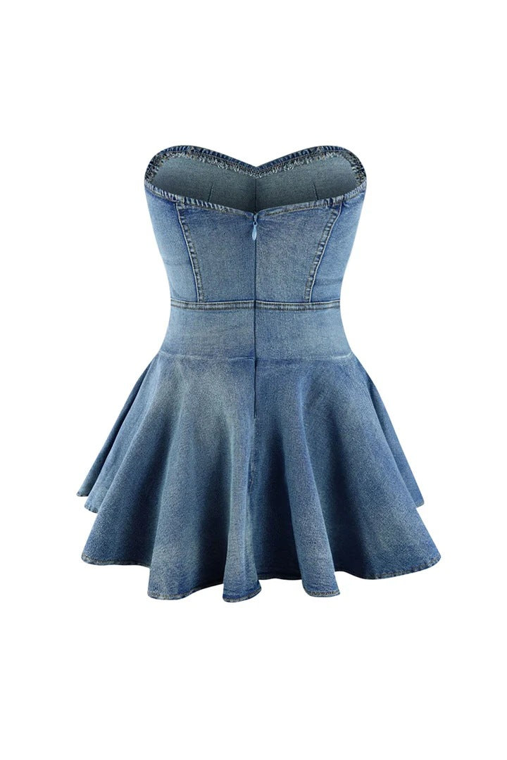 Denim Tube Top Dress Bandeau Slim Fit Elastic Ruffled Dress