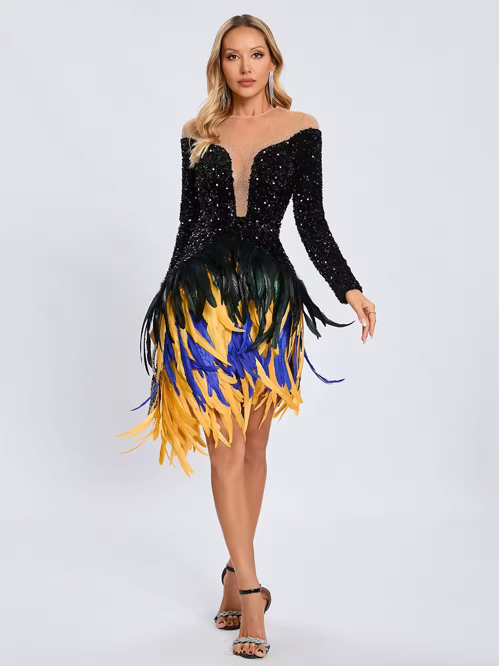 Feathers Sequin Strapless Mesh Long Sleeves Bodycon Mini Dress