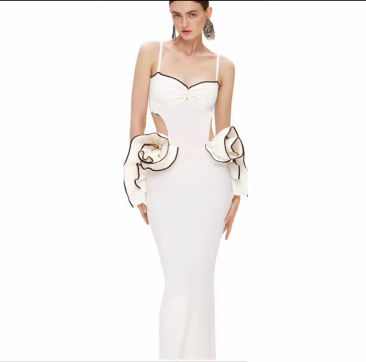 3D Flower Cut Out Spaghetti Strap Backless Design Sleeveless Tight Sexy Maxi Bandage dress