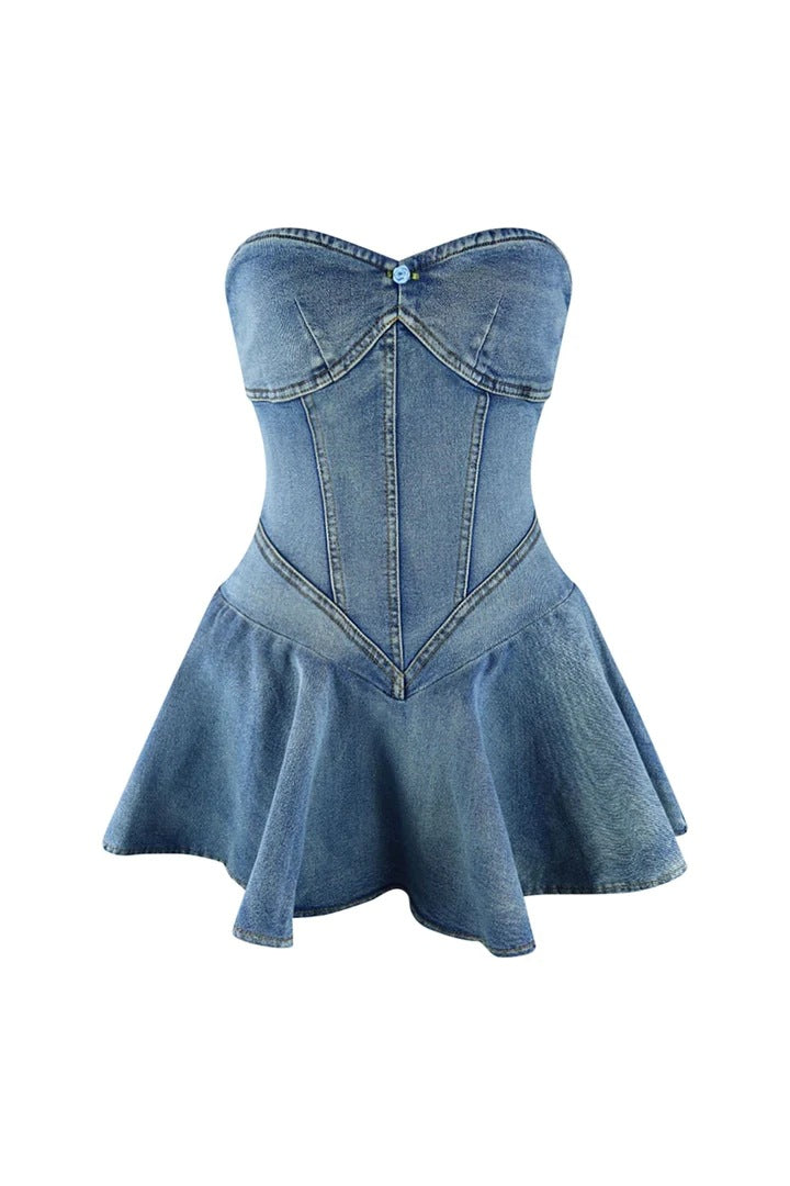 Denim Tube Top Dress Bandeau Slim Fit Elastic Ruffled Dress