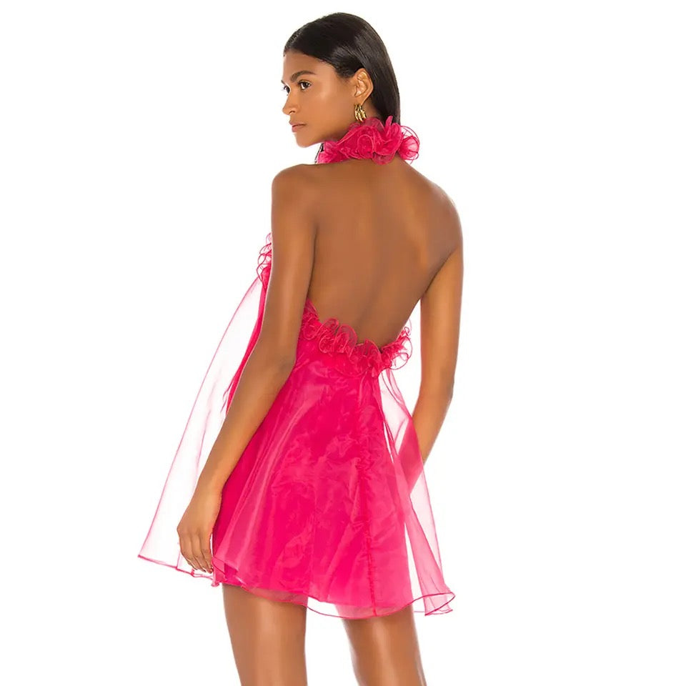 Rose Red Sexy Hanging Neck with Open Back Ruffle Edge dress