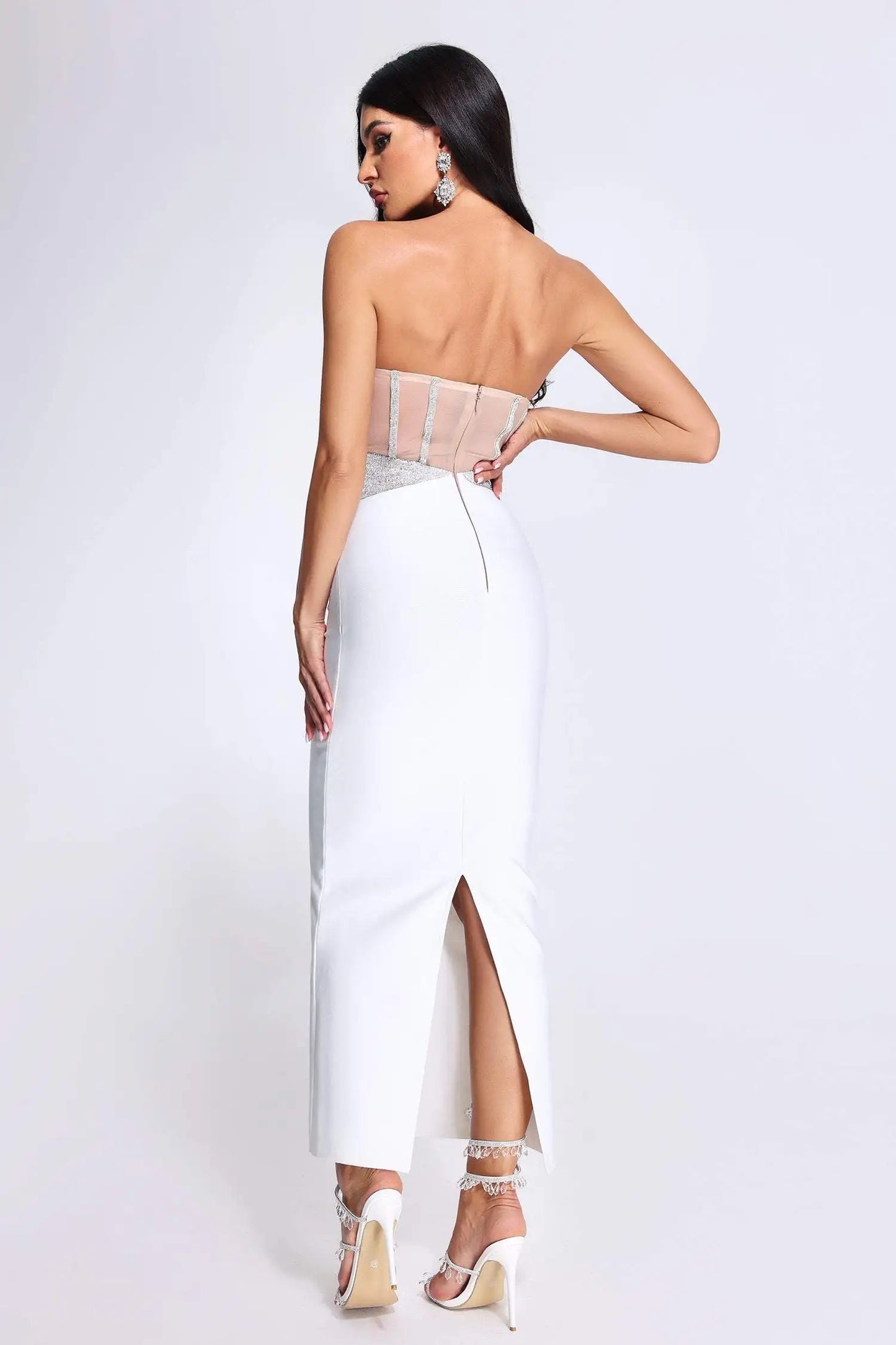 Strapless Tight Long Bandage Dress Sexy V-neck Diamond Midi Dress