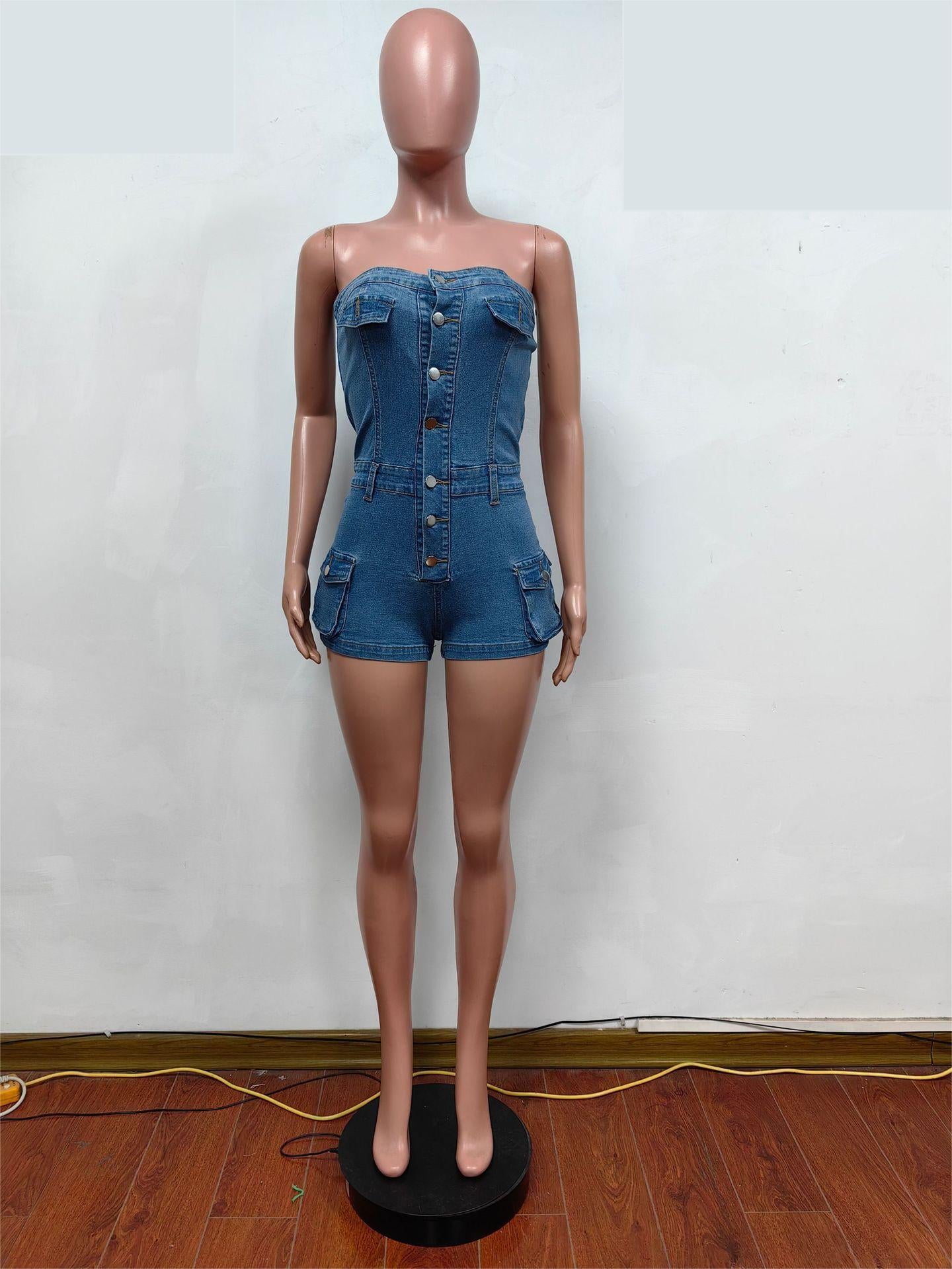 Summer Denim Jumpsuit Tube Top Stretch Romper