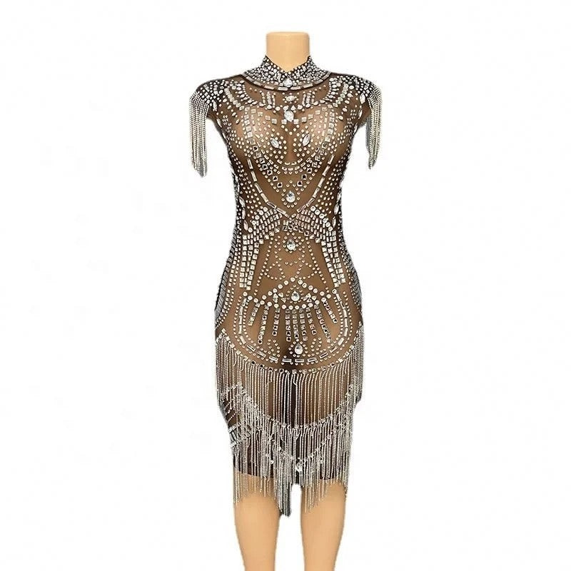 Embellished Fringe Mesh Dress