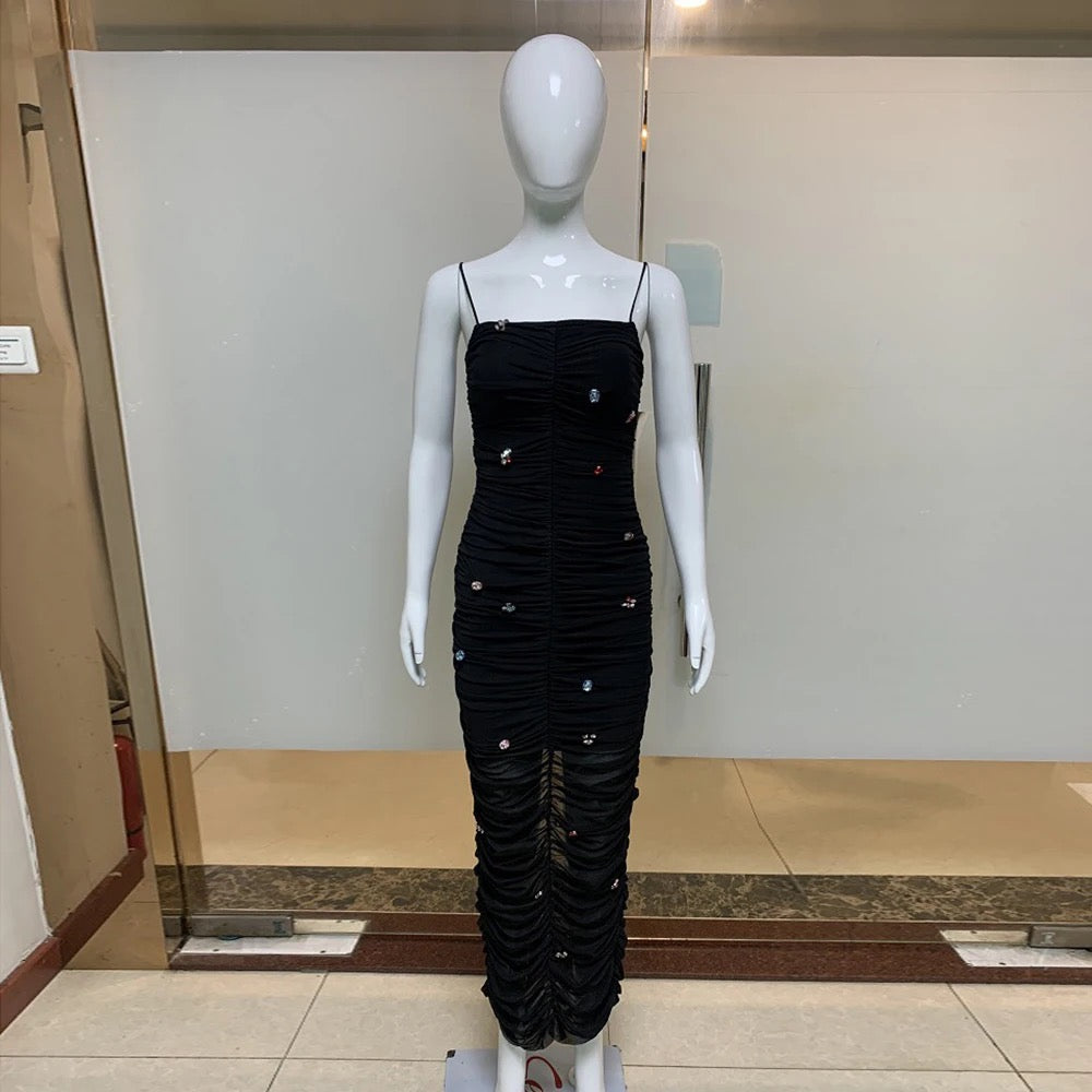 Sleeveless Tight Folded Mesh Diamond Midi Dress