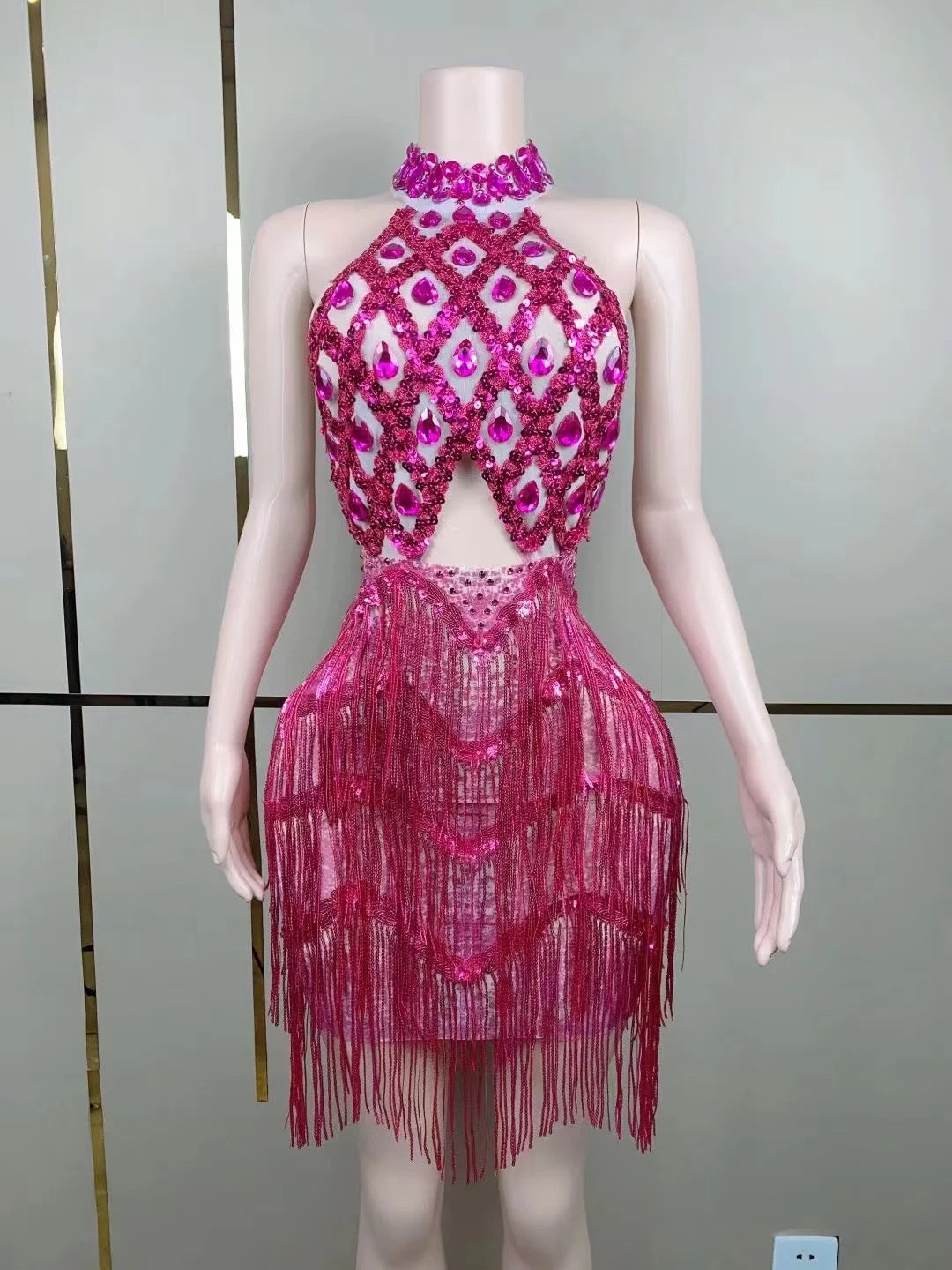 Halterneck Rhinestone Fringe Dress