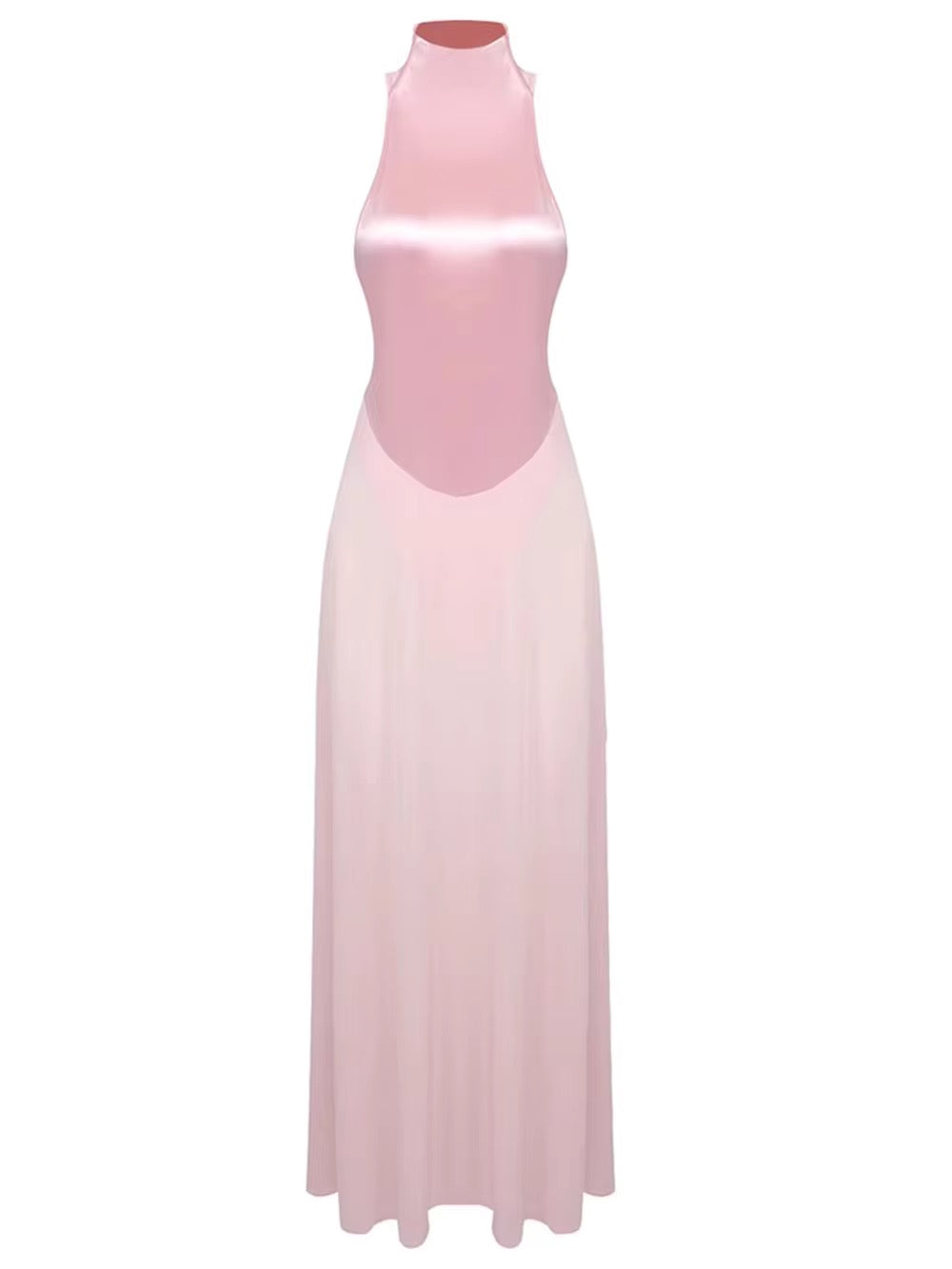 Turtleneck Patchwork Perspective Pink Sexy Maxi One-Piece Dress