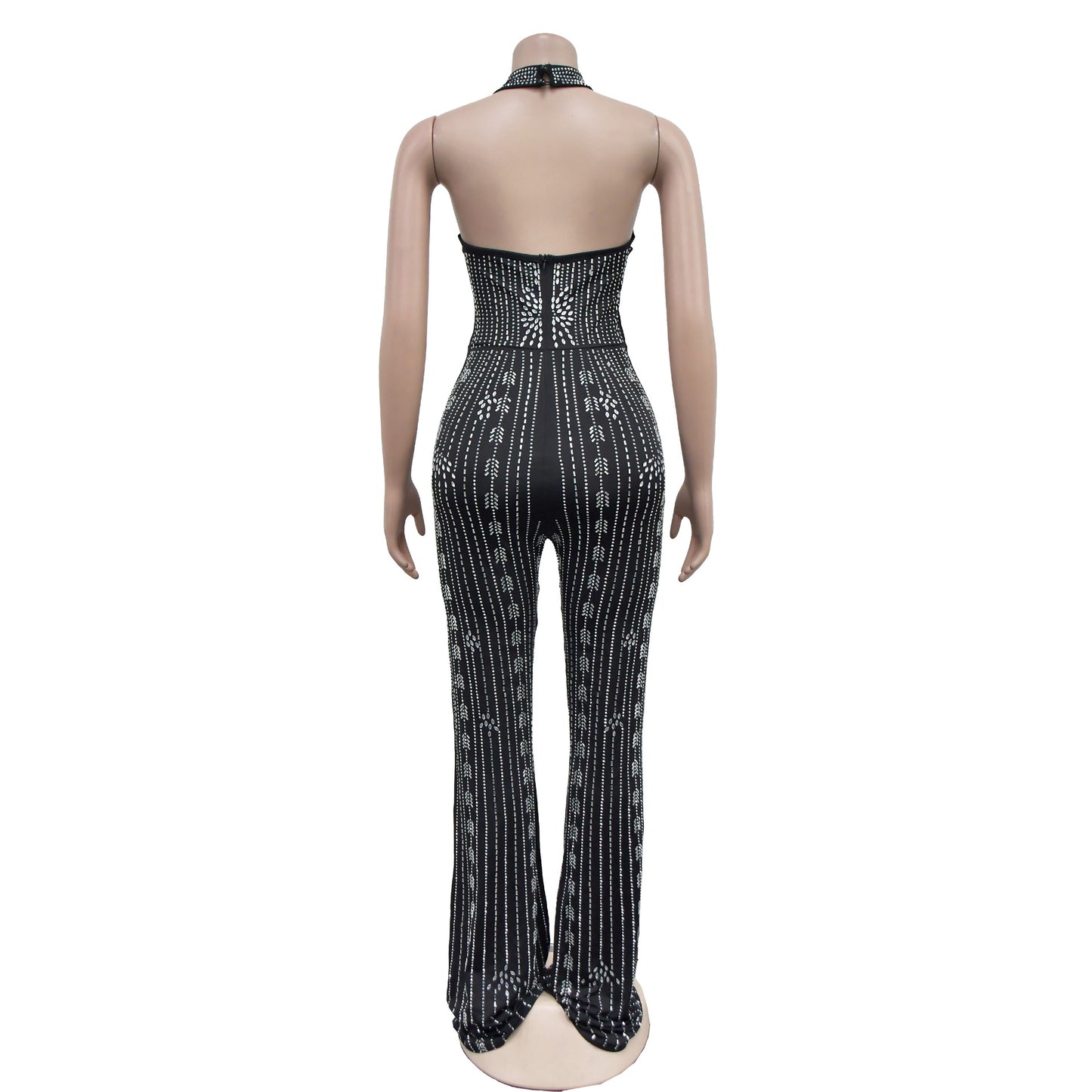 Rhinestone Sleeveless Halter Trousers Jumpsuit