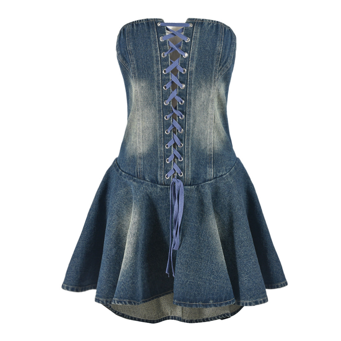 Zipper Lace up Bandeau Sexy Sexy Denim Flounced Dress