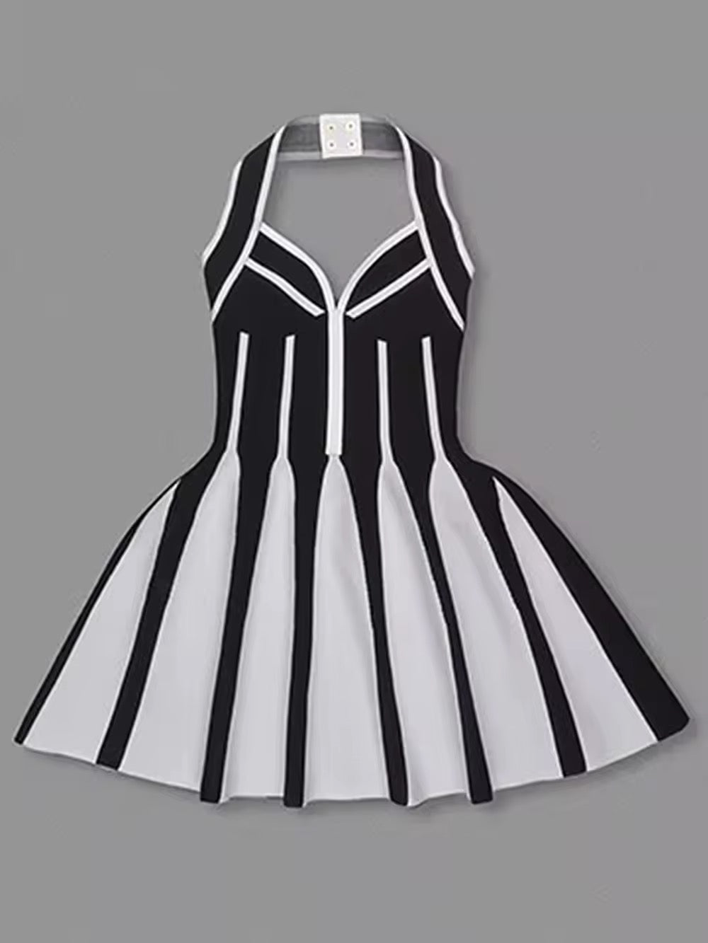 Black White Vertical Stripes Halter Jacquard Short Dress