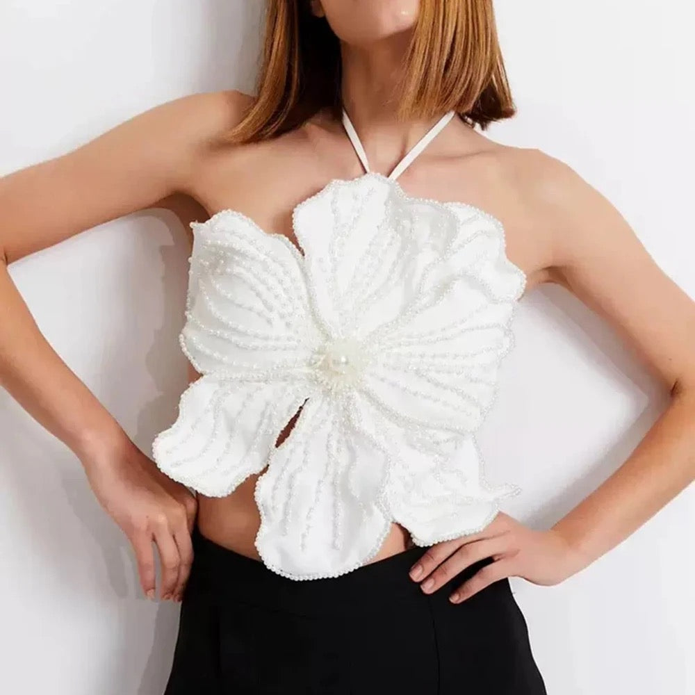 Handmade Beaded Flower Sexy Short Hanging Neck top