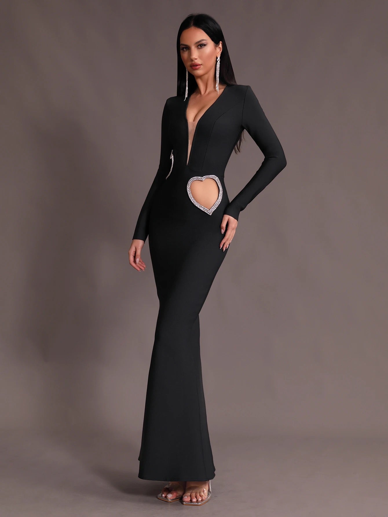 V-neck Belt Hollow Heart Diamond Mermaid Bandage Dress