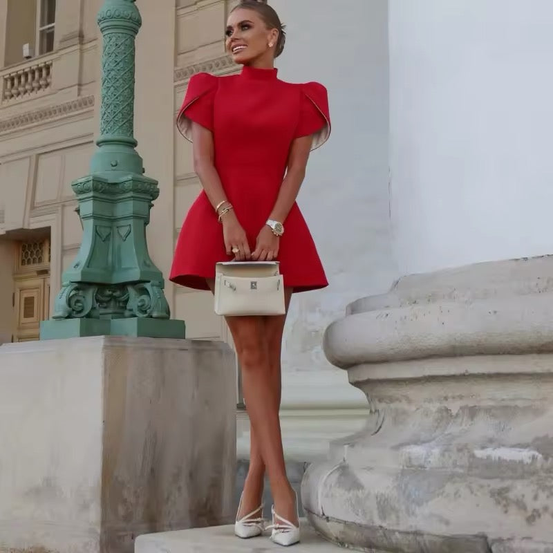 Hollow Red O-neck Mini Dress