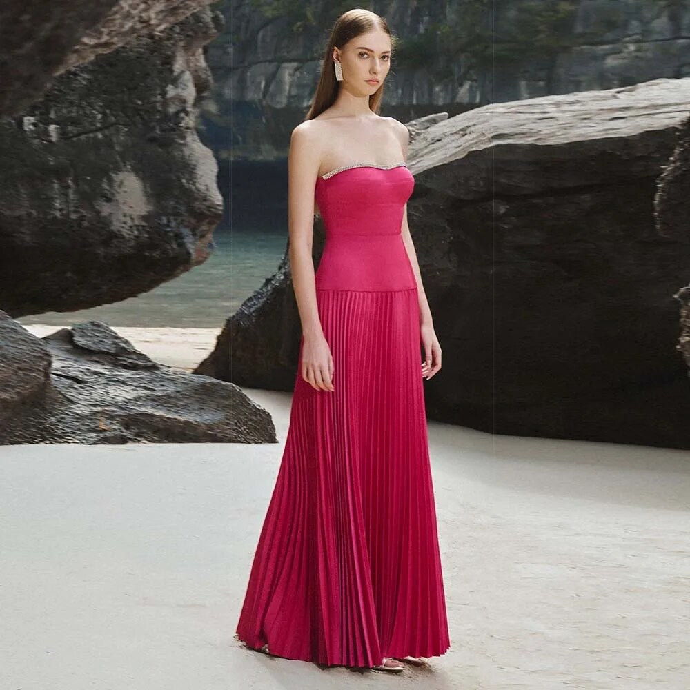 Rose Red Sexy Strapless Slim Fit Long Dress