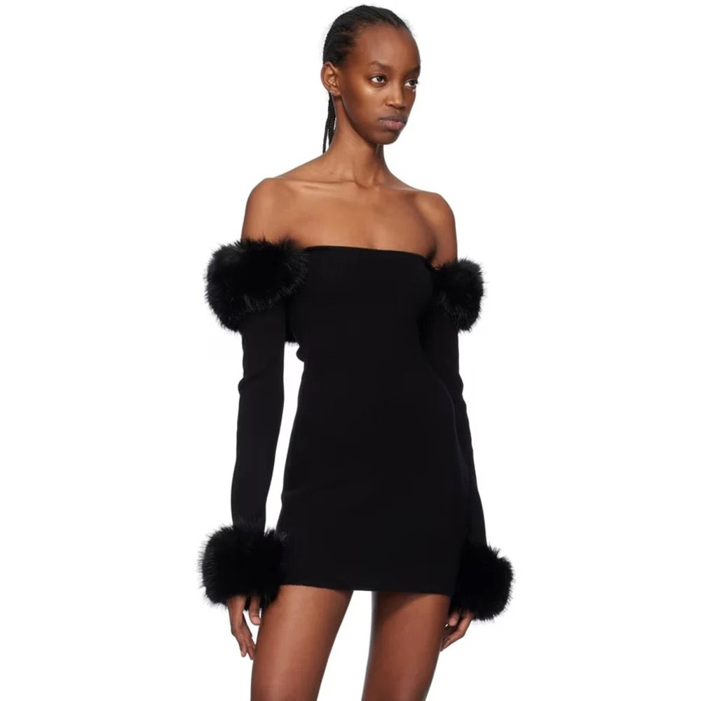 Off Shoulder Feather Tight Elastic Knitted Mini Dress