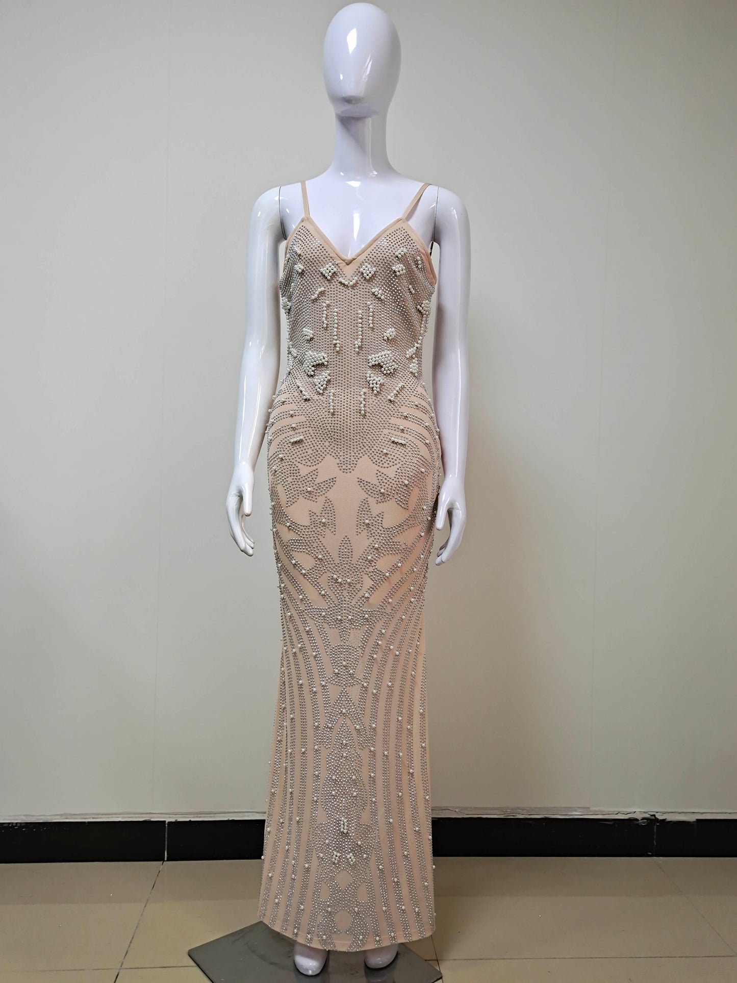 Spaghetti Strap pearl Sequins Beaded Mermaid Dress