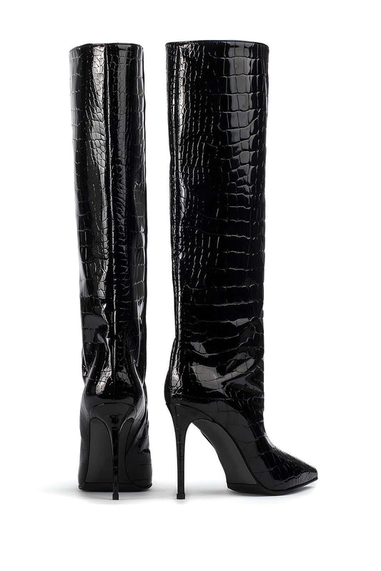 Crocodile Leather High Tube Pointed Toe Over The Knee Boots