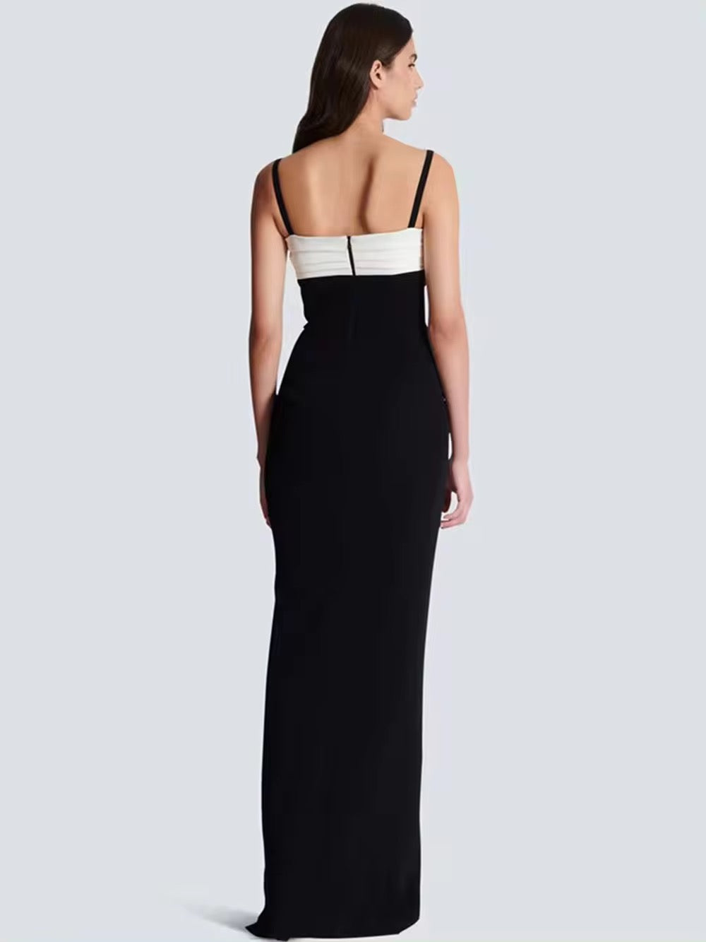 Patchwork Button Spaghetti Strap Backless Sexy Maxi Bandage Dress