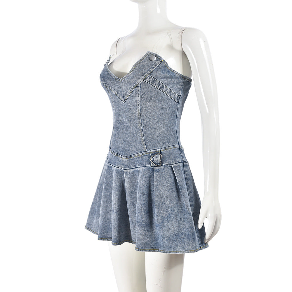 French Pleated V neck Denim Dress