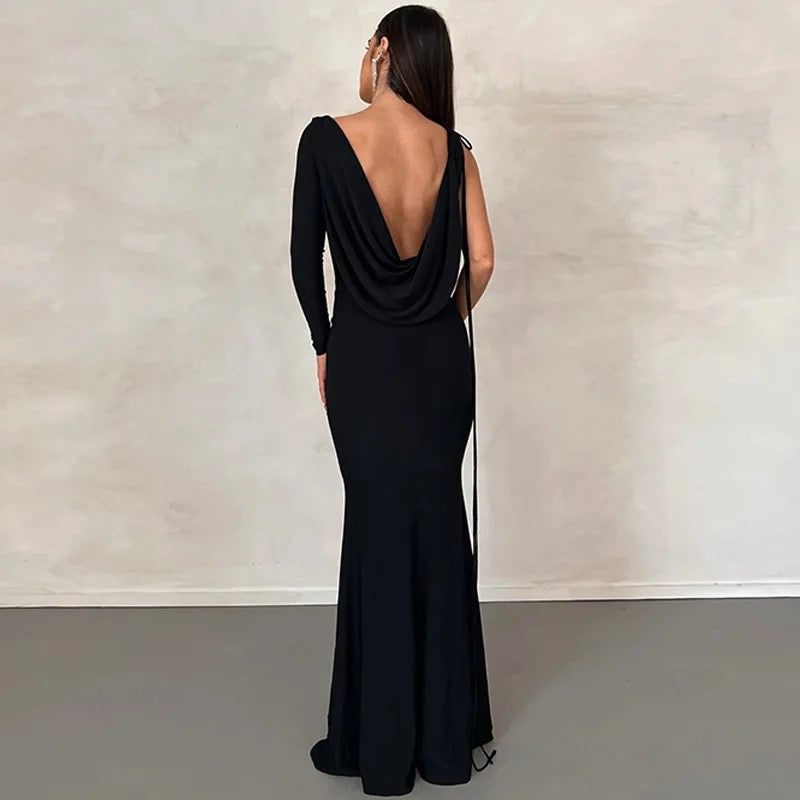 One Shoulder Backless Maxi Dress In Black