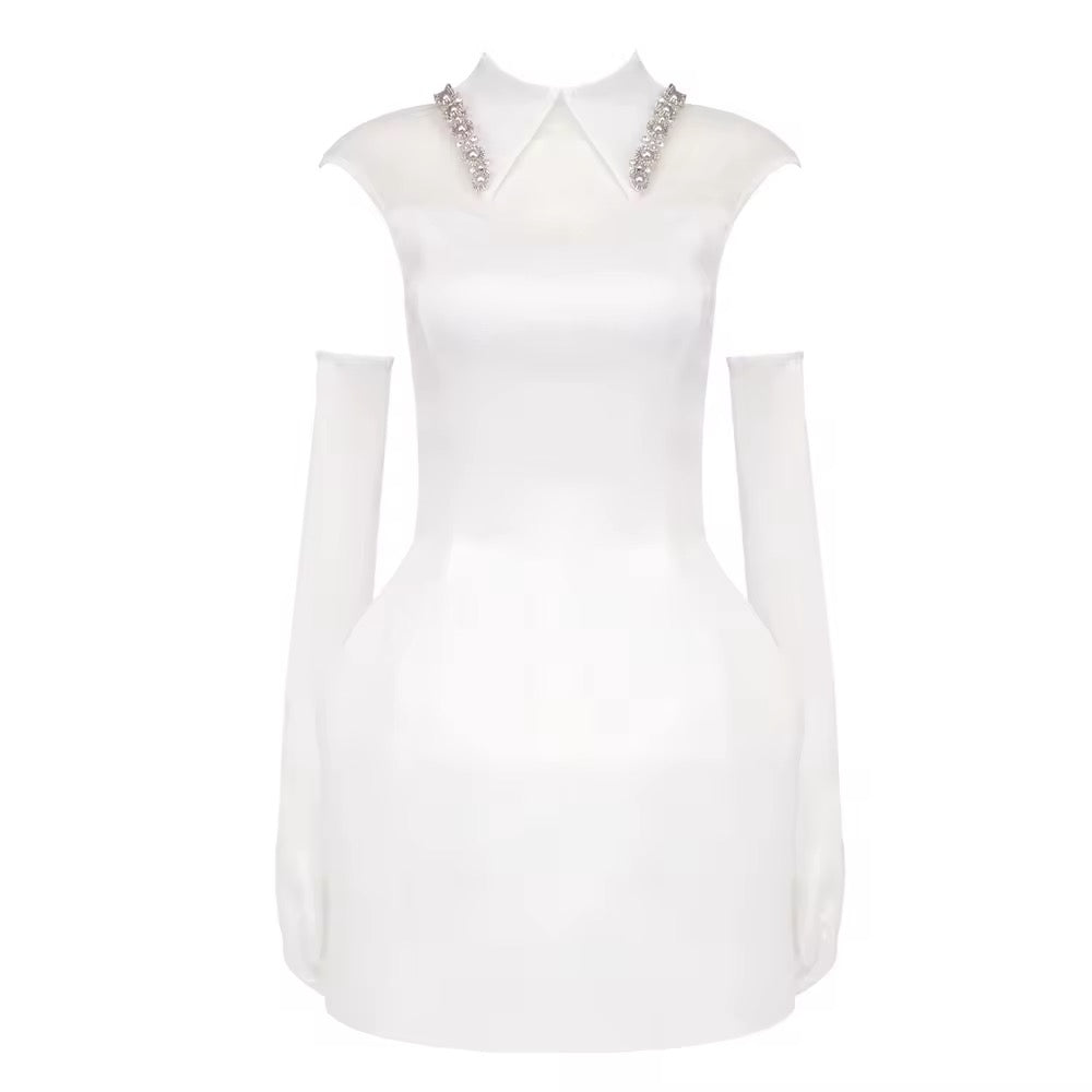 White Pearl Chain Ball Gown Mini Dress With Gloves