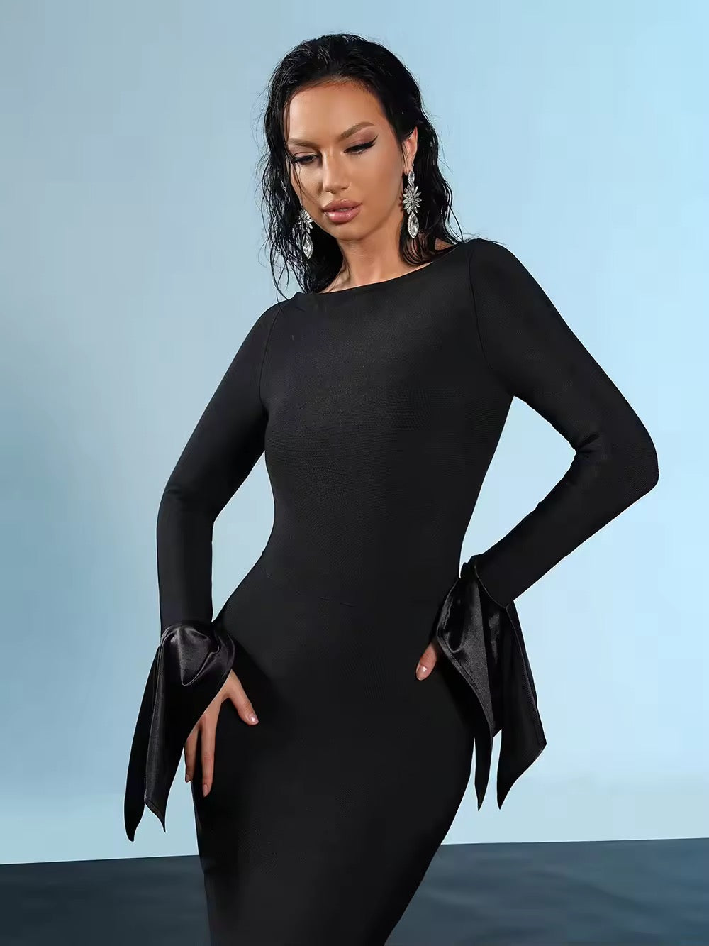 Patchwork Long Sleeves Round Neck Balck Bandage Maxi dress