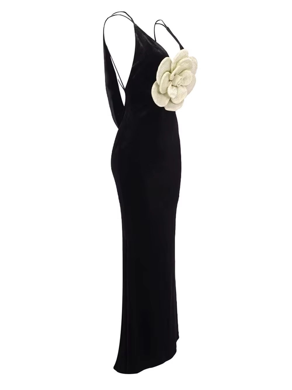 Neck 3D Flowers Backless Design Black Velvet Maxi Long dress