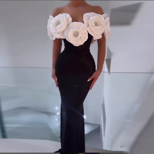 Off Shoulder 3D Flower Design Tight Long Bandage Dress