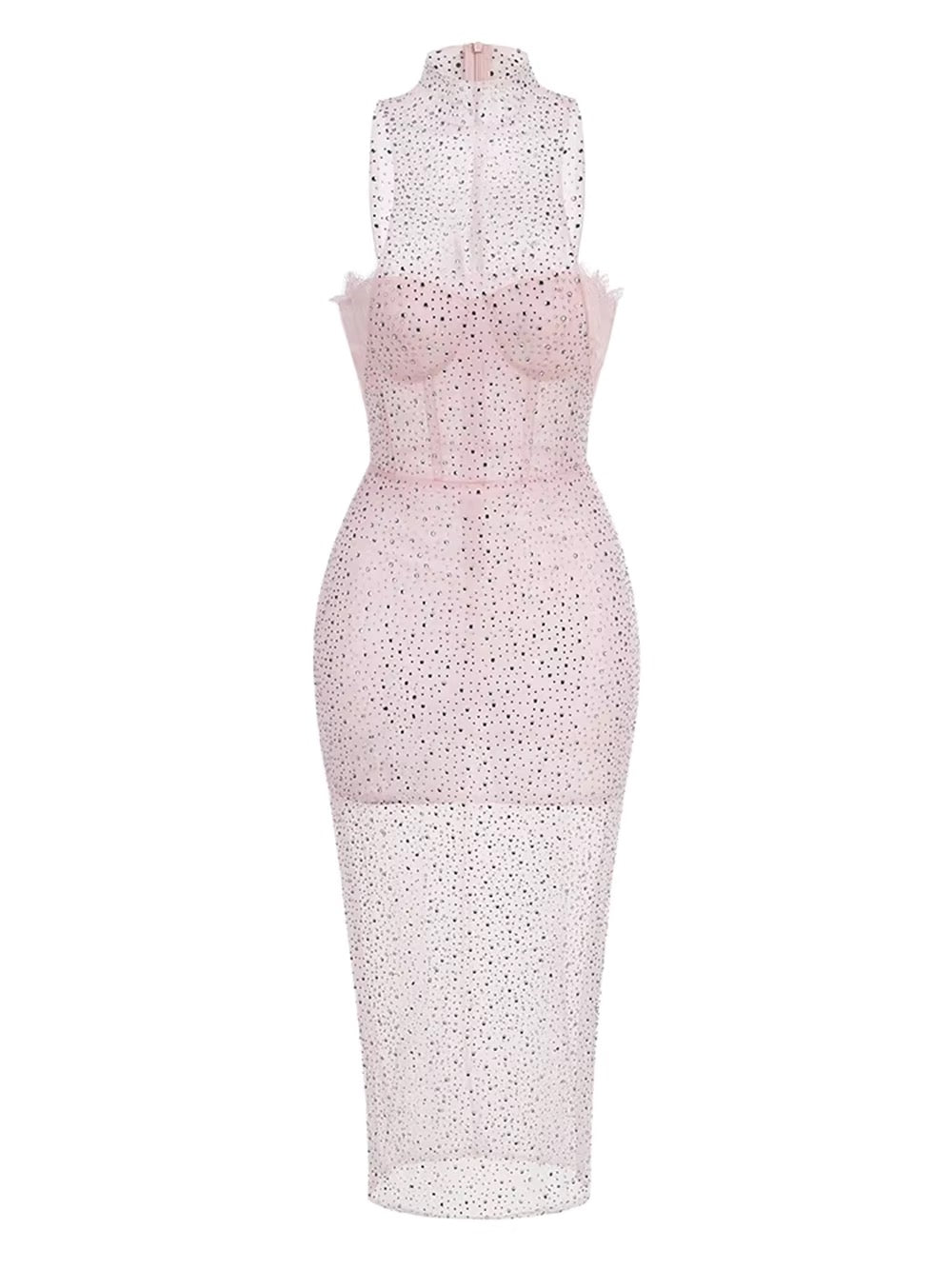 Mesh Crystal Diamond Midi Dress