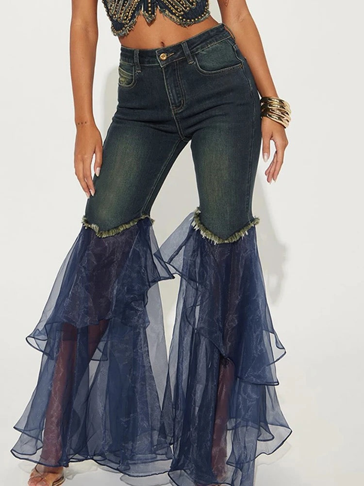 Sweet Denim Stitching Blooming Layered Chiffon Flare Trousers