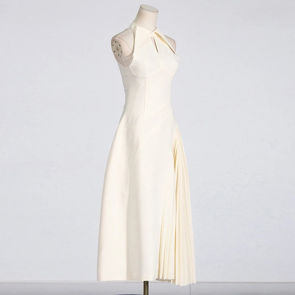 Collar, Hollow out Sleeveless Spliced pleated waist,dress