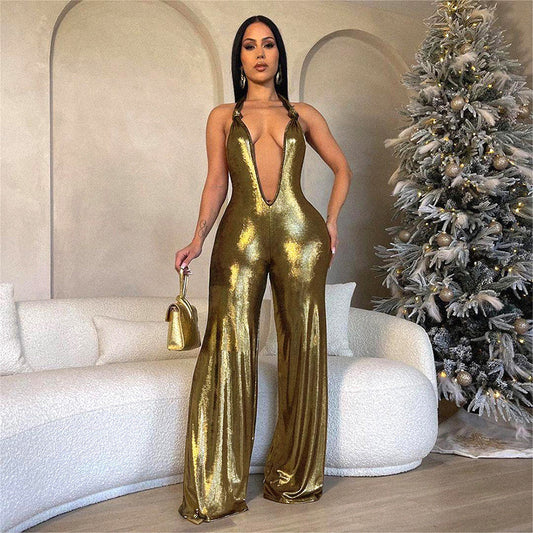 Elegant Backless Halter Golden Jumpsuit